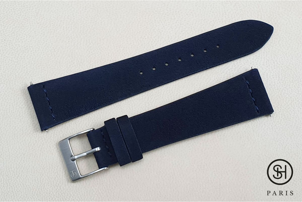 Bracelet montre cuir Suede SELECT-HEURE Bleu Nuit avec pompes rapides (interchangeable)