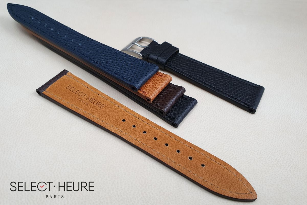 Bracelet montre Veau Grainé SELECT-HEURE Bleu Marine coutures ton sur ton, fait main en France, cuir français