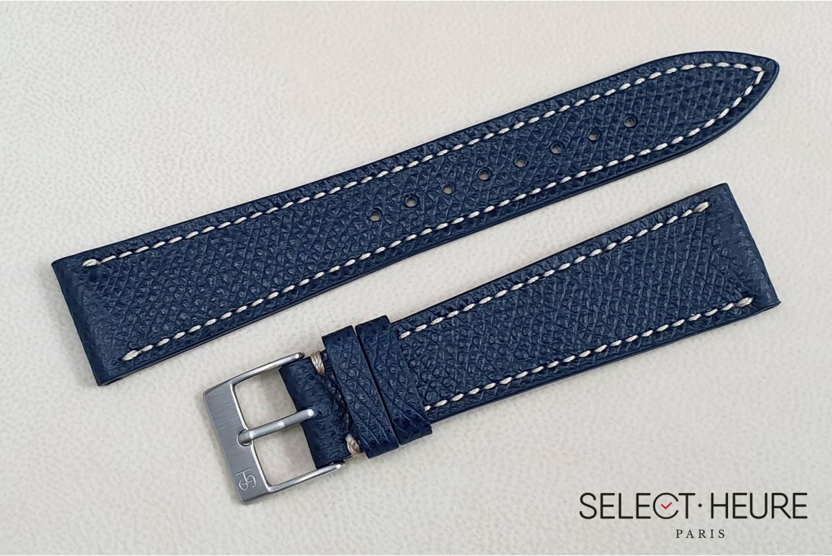 barrikade Morse kode lettelse Dark Blue French Grained Calfskin SELECT-HEURE leather watch strap,  off-white stitching, hand-made in