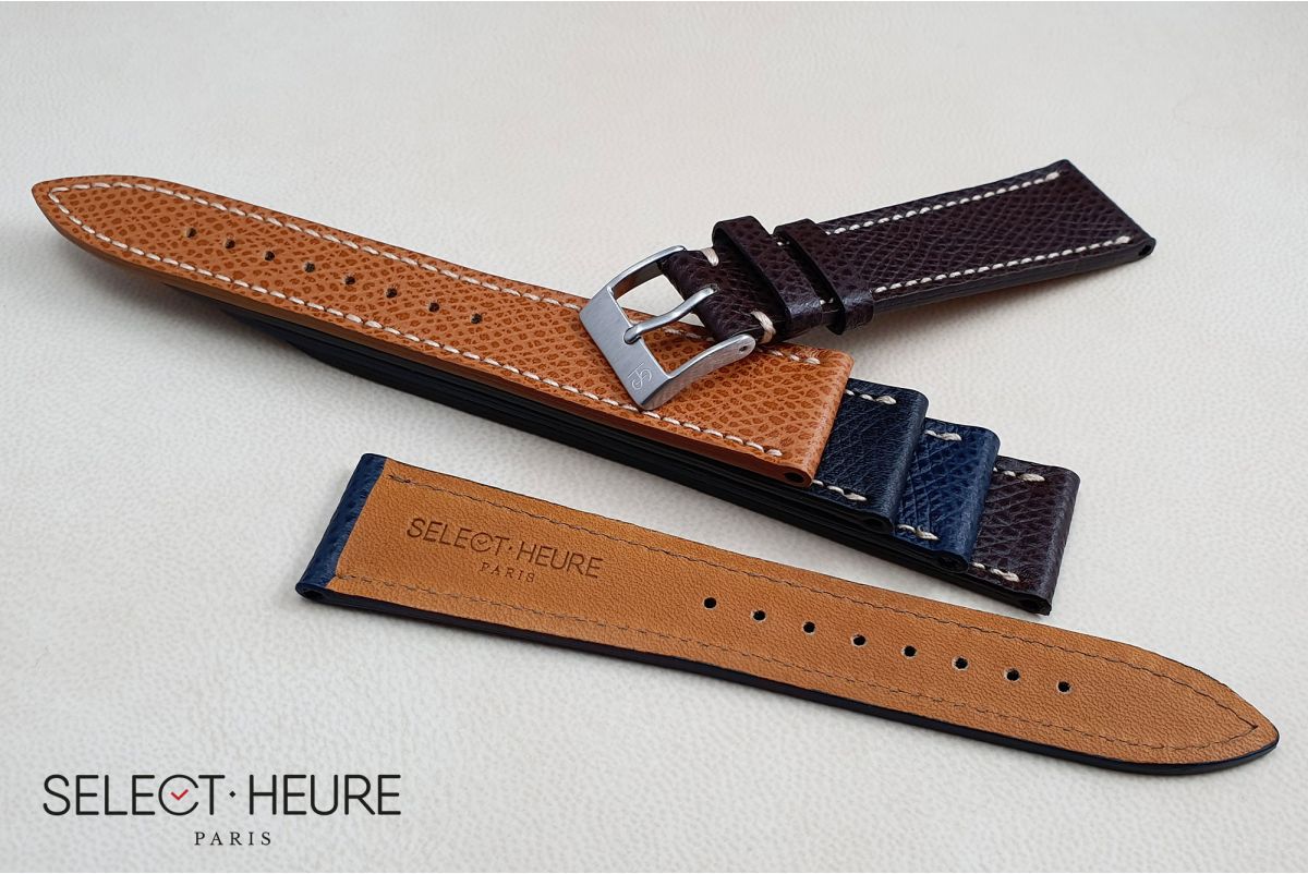 Bracelet montre Veau Grainé SELECT-HEURE Noir coutures écrues, fait main en France, cuir français