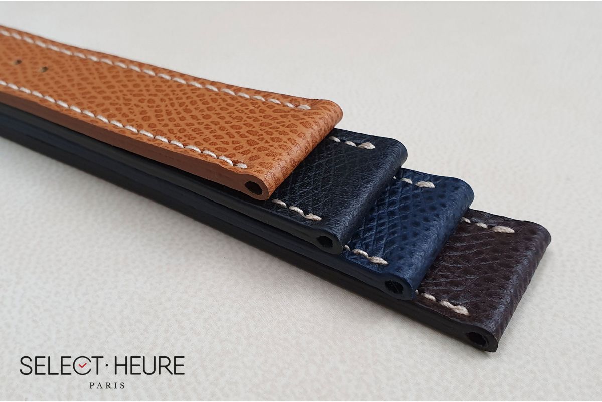 Black French Grained Calfskin SELECT-HEURE leather watch strap, off-white stitching, hand-made in France