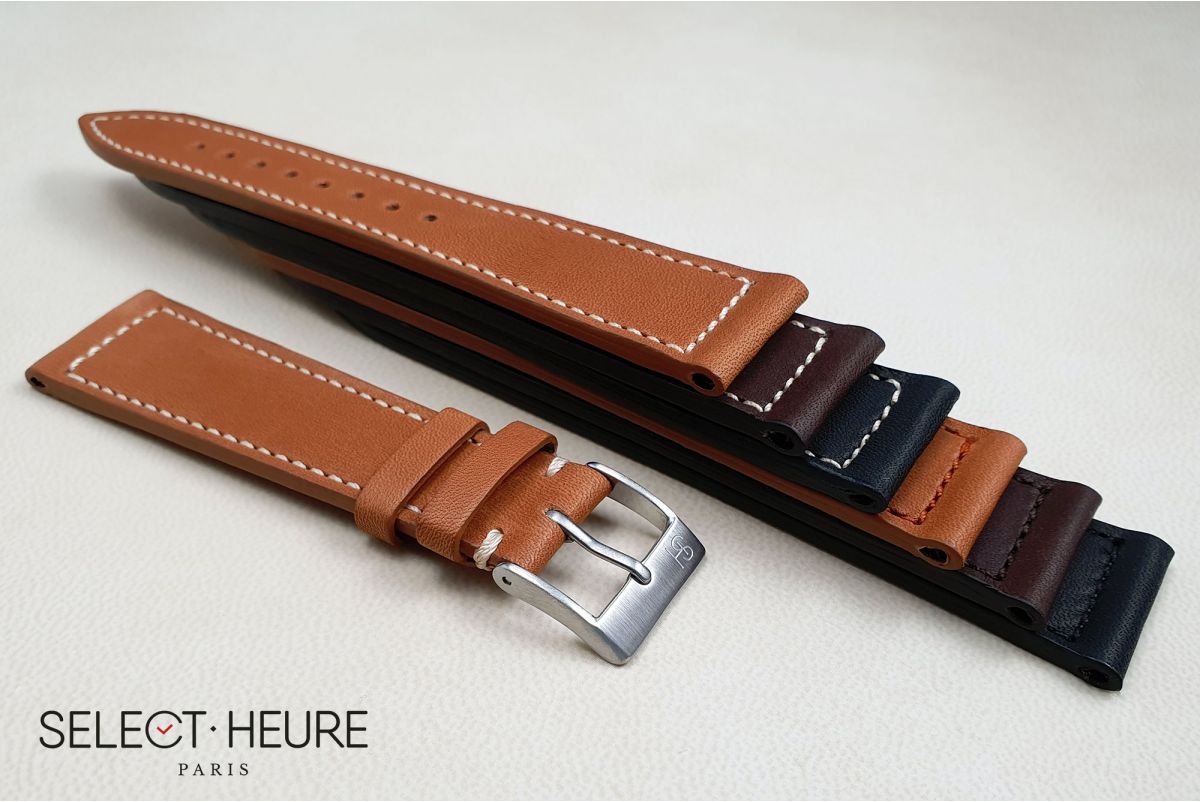 Cognac French Baranil Calfskin SELECT-HEURE leather watch strap, off-white stitching, hand-made in France