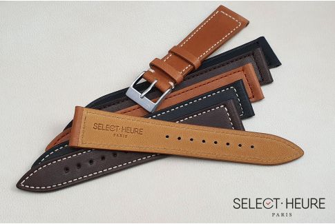 Brown French Baranil Calfskin SELECT-HEURE leather watch strap, off-white stitching, hand-made in France
