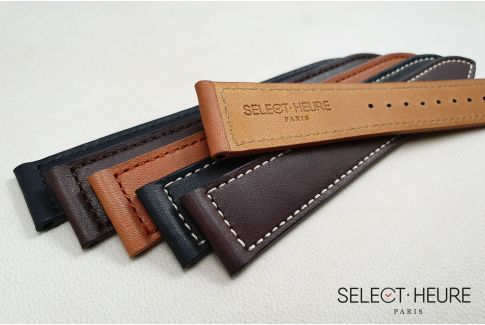 Mat Black French Baranil Calfskin SELECT-HEURE leather watch strap, off-white stitching, hand-made in France