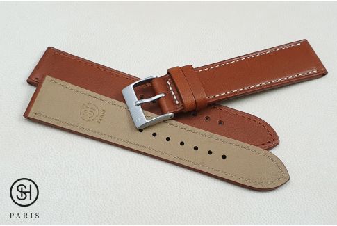 Gold Calfskin SELECT-HEURE watch strap, classic model off-white stitching, French baranil leather