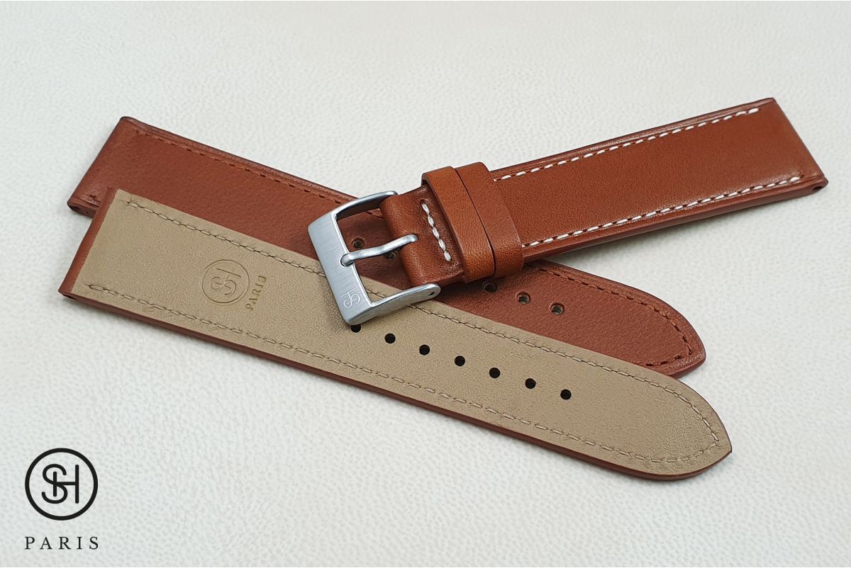 Gold Calfskin SELECT-HEURE watch strap, classic model tone on tone stitching, French baranil leather