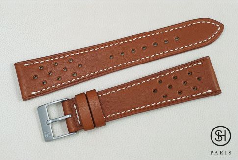Gold Calfskin SELECT-HEURE watch strap, Rallye model off-white stitching, French baranil leather