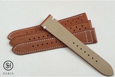 Gold Calfskin SELECT-HEURE watch strap, Rallye model off-white stitching, French baranil leather
