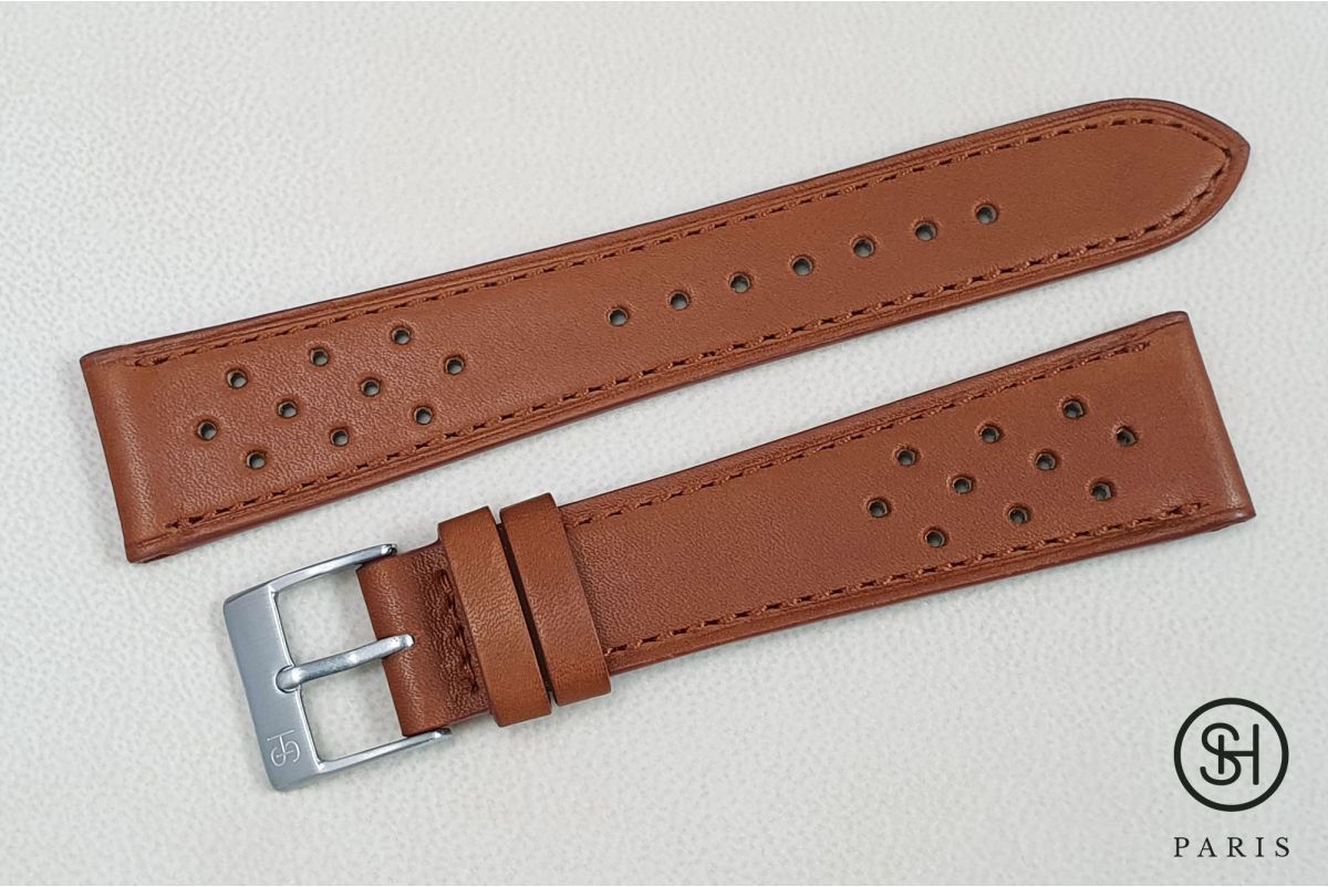 Gold Calfskin SELECT-HEURE watch strap, Rallye model tone on tone stitching, French baranil leather