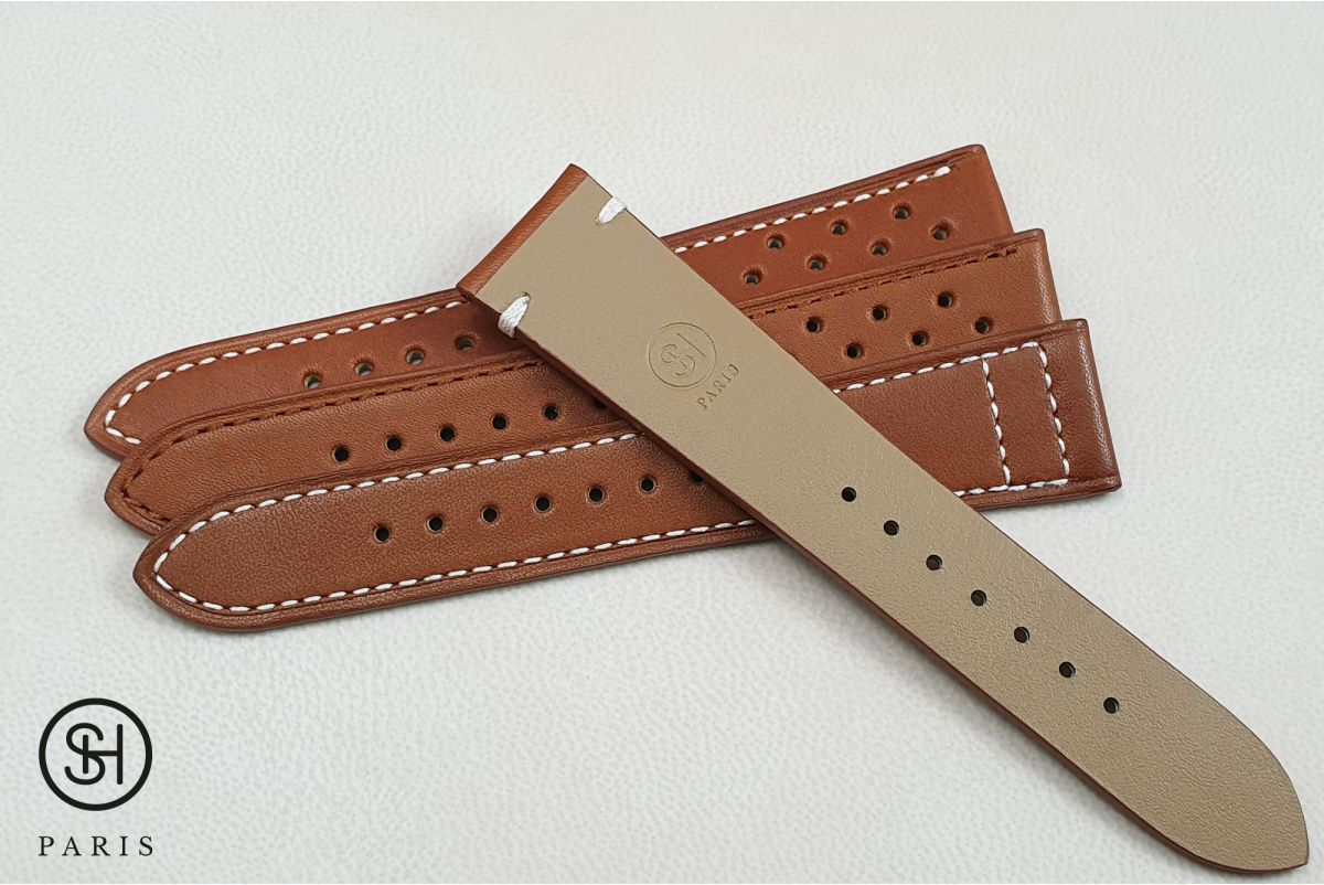 Gold Calfskin SELECT-HEURE watch strap, Rallye model tone on tone stitching, French baranil leather