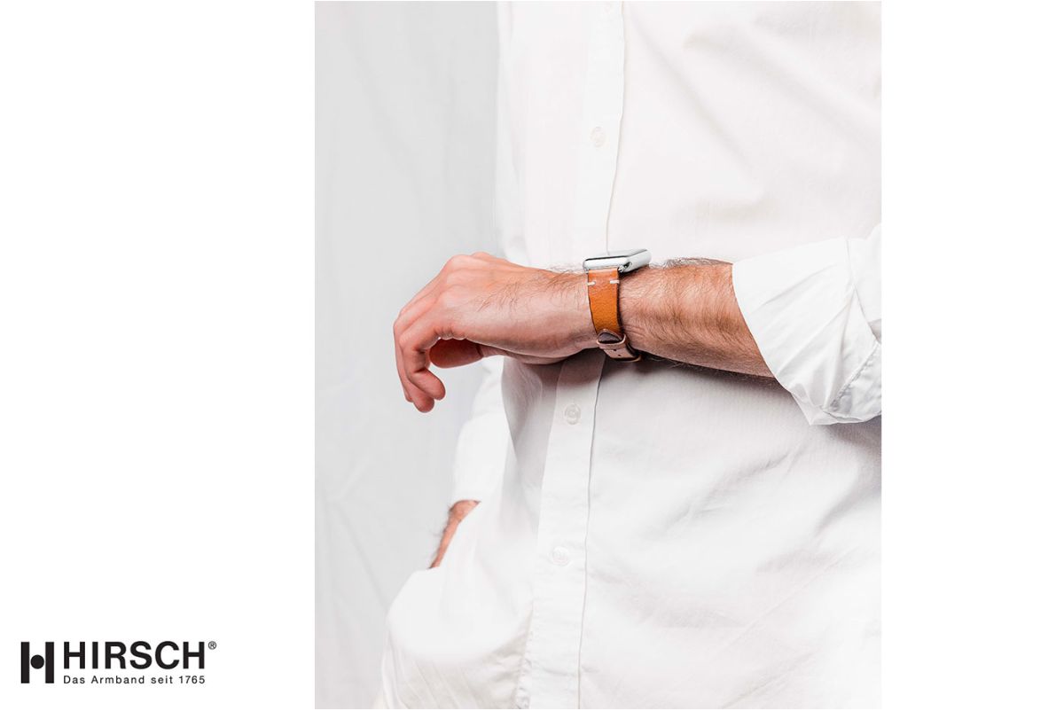 Bracelet montre cuir HIRSCH Bagnore marron or, style vintage (coutures minimales)