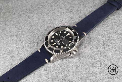 Bracelet montre cuir Suede SELECT-HEURE Bleu Marine coutures minimales avec pompes rapides (interchangeable)