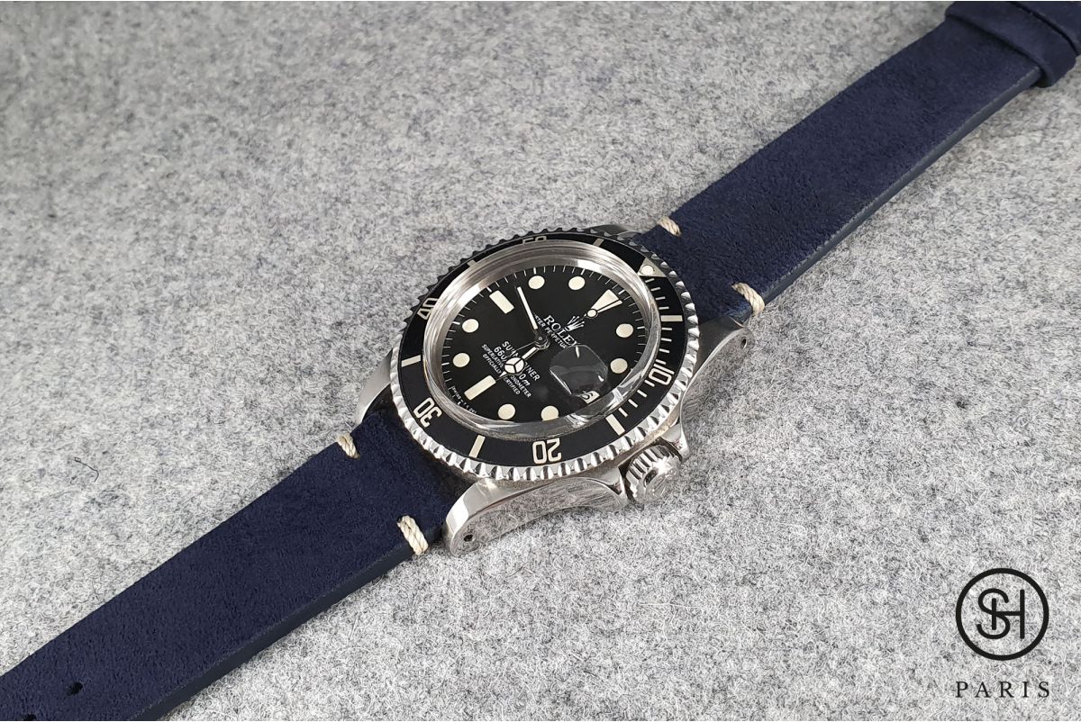 Navy Blue minimal stitching Suede SELECT-HEURE leather watch strap with quick release spring bars (interchangeable)