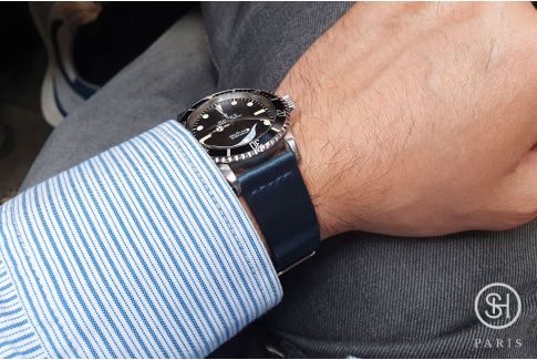 Bracelet montre cuir Horween Shell Cordovan SELECT-HEURE Bleu (fait main)