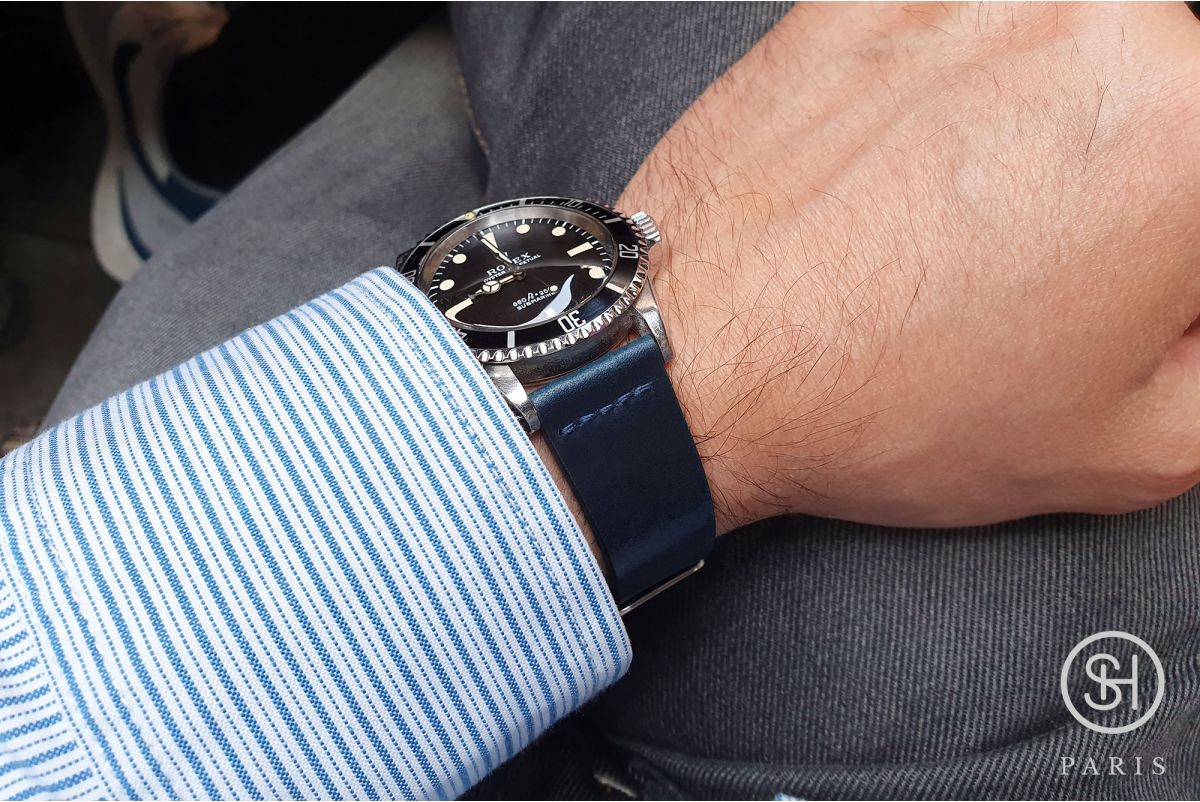 Bracelet montre cuir Horween Shell Cordovan SELECT-HEURE Bleu (fait main)
