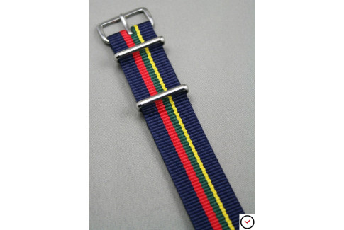 Bracelet nylon NATO Bleu Navy liserés Rouge Vert Jaune