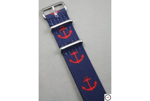 Bracelet nylon NATO Marin (Bleu Marine ancres Rouges)