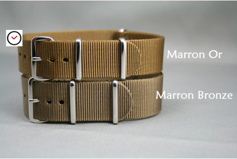 Bracelet nylon NATO Marron Or, boucle polie