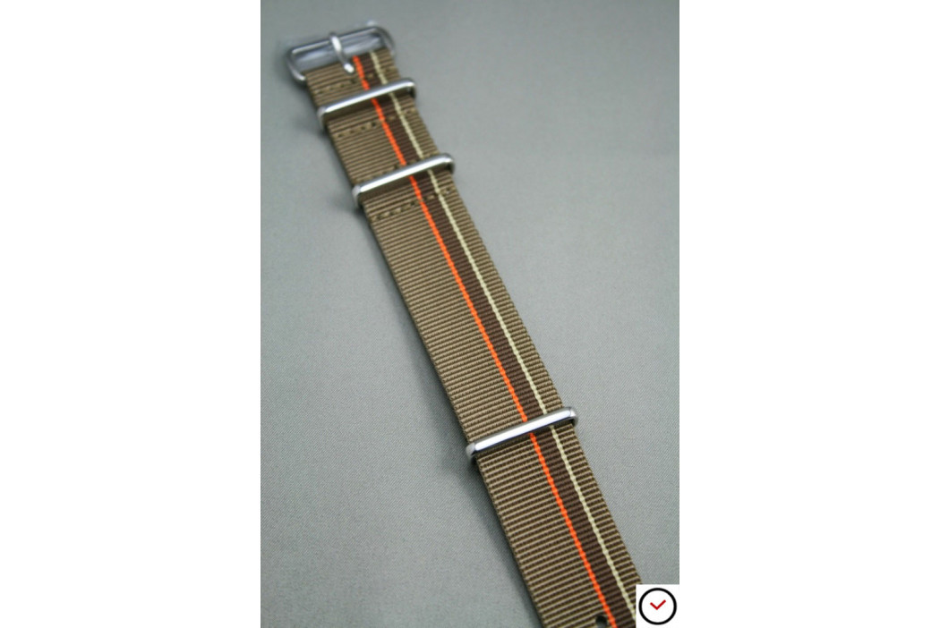 Bracelet nylon NATO Marron Bronze Chocolat & liserés Orange Beige Sable, boucle polie