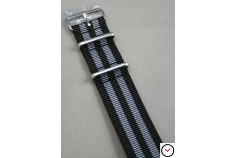 Bracelet nylon NATO Bond Craig (Noir Gris), boucle polie