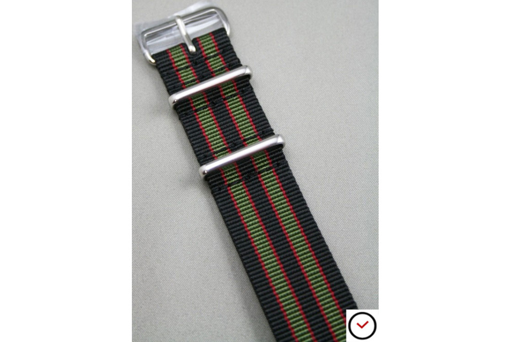 Bracelet nylon NATO Bond Original (Noir Kaki Rouge), boucle polie