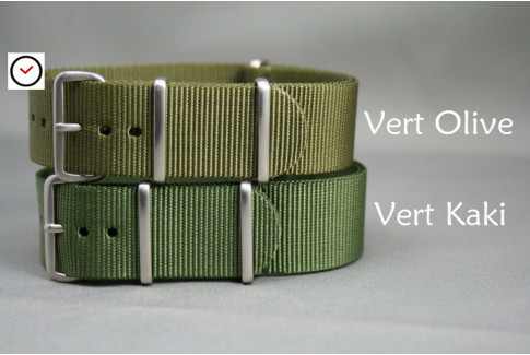Bracelet nylon NATO Vert Kaki (Militaire), boucle brossée