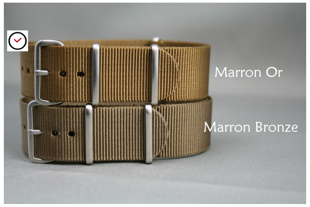 Bracelet nylon NATO Marron Or, boucle brossée