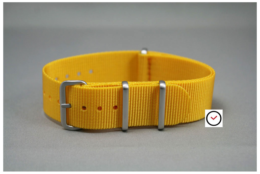 Yellow G10 NATO strap, brushed buckle and loops