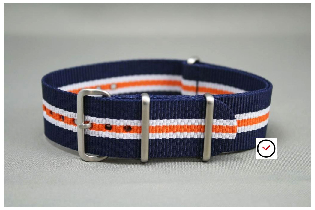 Navy Blue White Orange Heritage G10 NATO strap, brushed buckle and loops