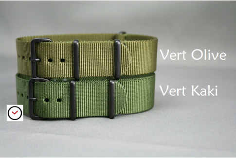 Bracelet nylon NATO Vert Kaki (Militaire), boucle PVD (noire)