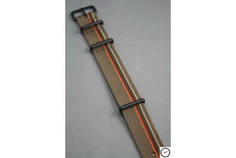 Bracelet nylon NATO Marron Bronze Chocolat & liserés Orange Beige Sable, boucle PVD (noire)