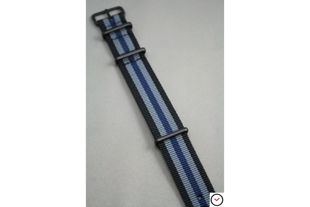 Bracelet nylon NATO Bond Noir Gris Bleu, boucle PVD (noire)