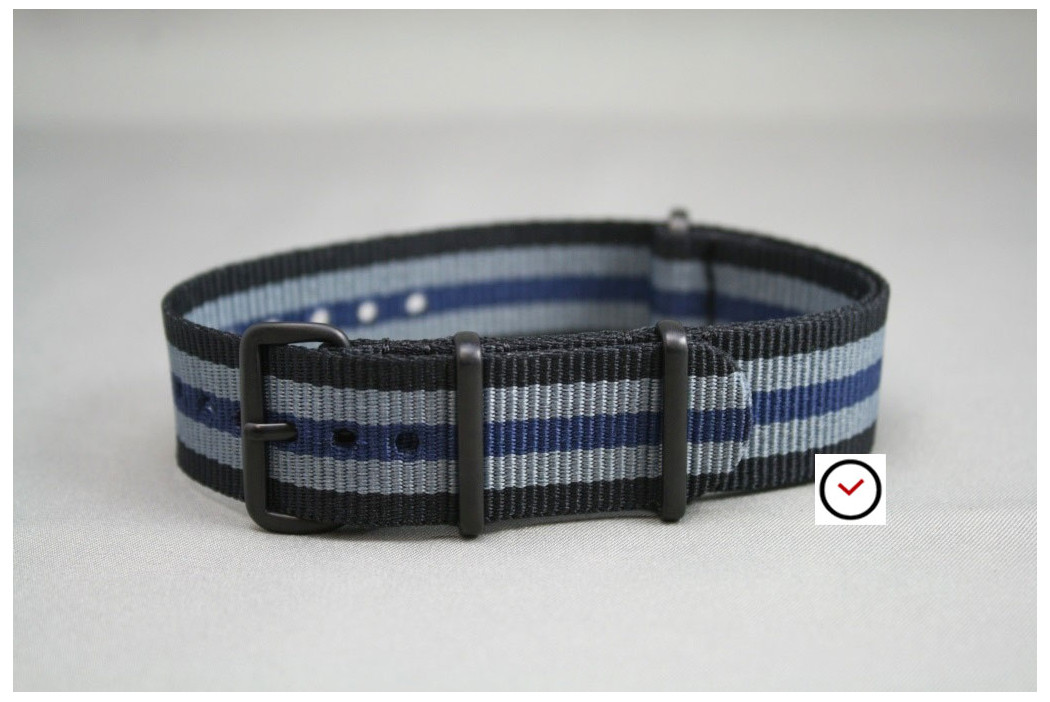 Bracelet nylon NATO Bond Noir Gris Bleu, boucle PVD (noire)