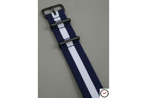 Bracelet nylon NATO Bleu Navy Blanc, boucle PVD (noire)