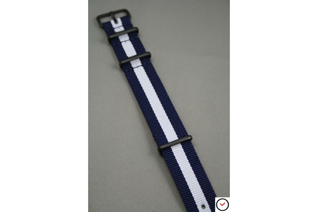 Bracelet nylon NATO Bleu Navy Blanc, boucle PVD (noire)