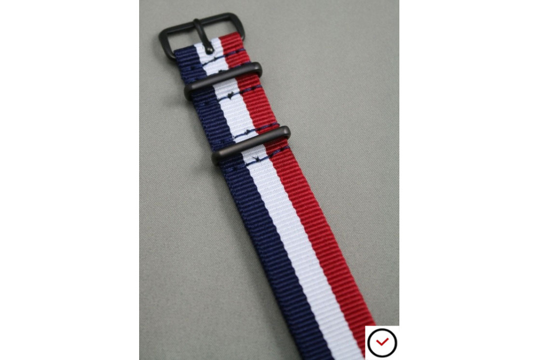 Bracelet nylon NATO Tricolore Bleu Blanc Rouge, boucle PVD (noire)