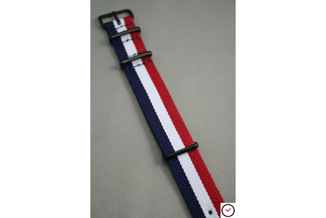 Bracelet nylon NATO Tricolore Bleu Blanc Rouge, boucle PVD (noire)