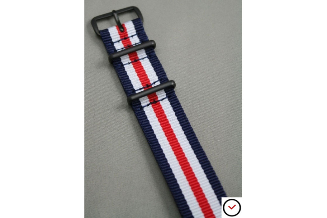 Bracelet nylon NATO Double Bleu Blanc Rouge, boucle PVD (noire)