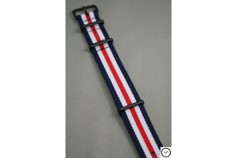 Bracelet nylon NATO Double Bleu Blanc Rouge, boucle PVD (noire)