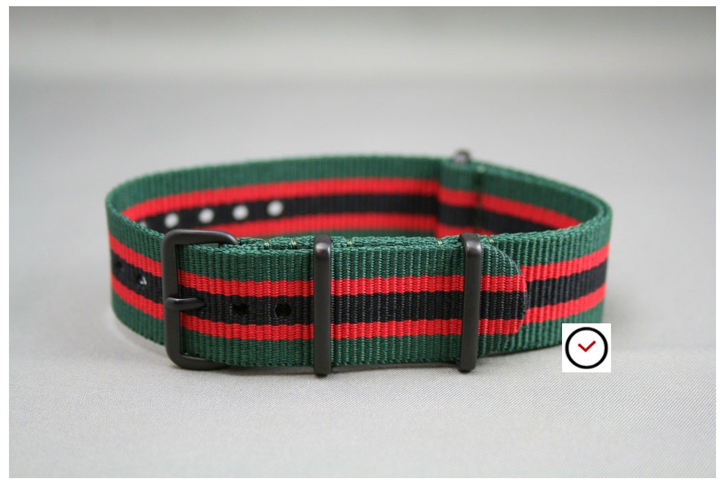 Bracelet nylon NATO Vert Rouge Noir, boucle PVD (noire)