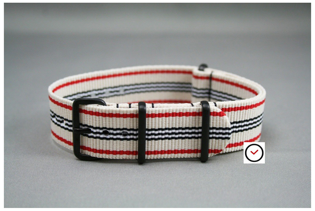White Red Black G10 NATO strap, PVD buckle and loops (black)