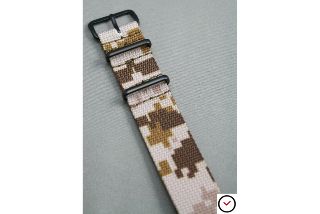 Bracelet nylon NATO Camouflage Désert, boucle PVD (noire)