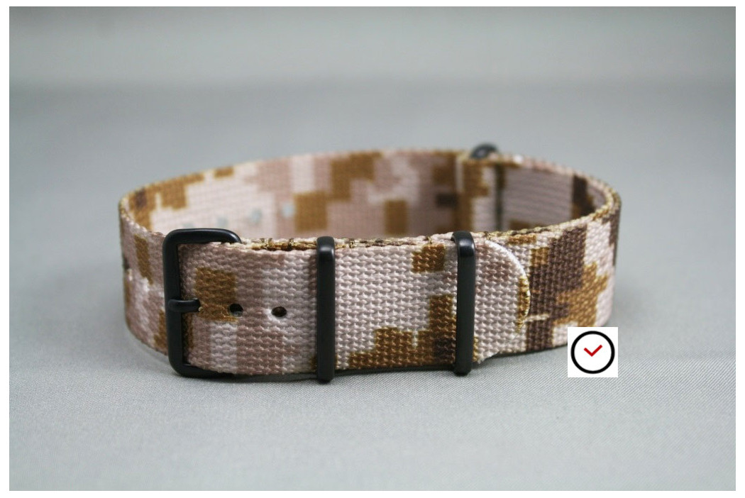 Bracelet nylon NATO Camouflage Désert, boucle PVD (noire)