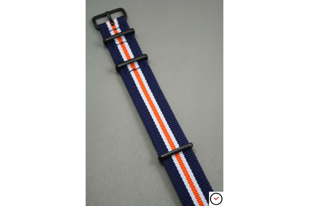 Bracelet nylon NATO Héritage Bleu Navy Blanc Orange, boucle PVD (noire)