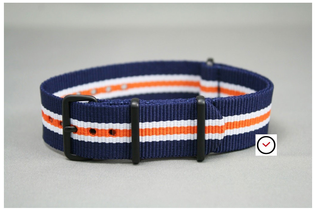 Navy Blue White Orange Heritage G10 NATO strap, PVD buckle and loops (black)