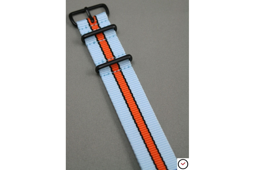 Bracelet nylon NATO Gulf / Le Mans (Bleu Ciel, Orange, Noir), boucle PVD (noire)