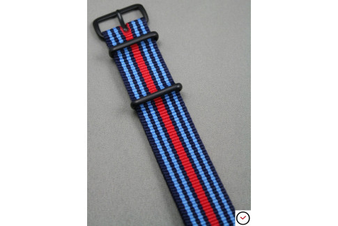Bracelet nylon NATO Martini Racing (Bleu Ciel, Marine, Rouge), boucle PVD (noire)