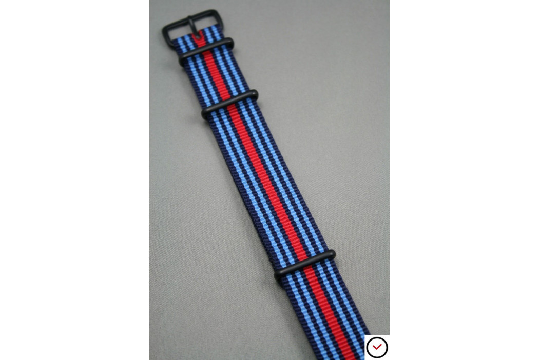 Bracelet nylon NATO Martini Racing (Bleu Ciel, Marine, Rouge), boucle PVD (noire)