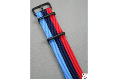 Bracelet nylon NATO BMW Racing (Bleu Ciel, Marine, Rouge), boucle PVD (noire)