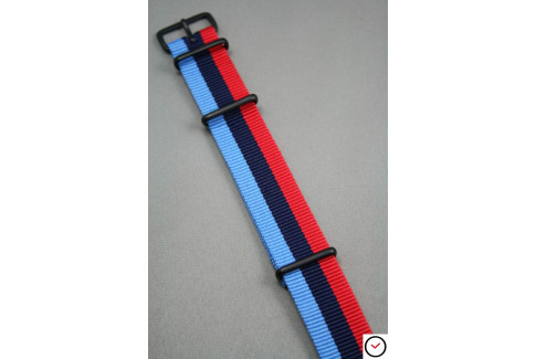 Bracelet nylon NATO BMW Racing (Bleu Ciel, Marine, Rouge), boucle PVD (noire)
